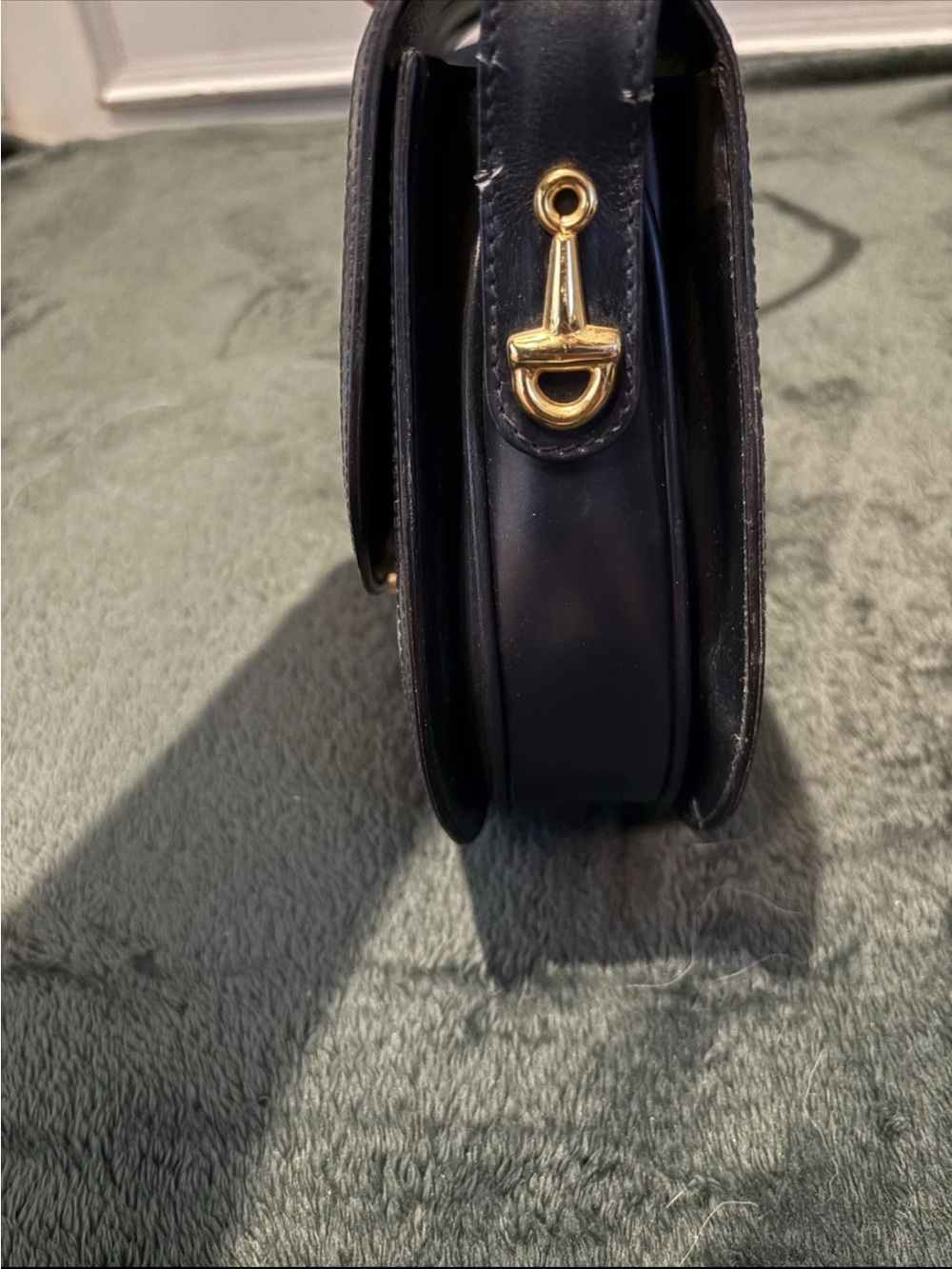 Vintage 80s Gucci GG Monogram Navy Crossbody Bag Web Stripe Gold Key Clasp - Picture 6 of 13